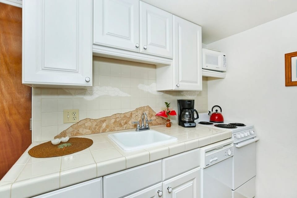 Full kitchen with essentials for  cooking.