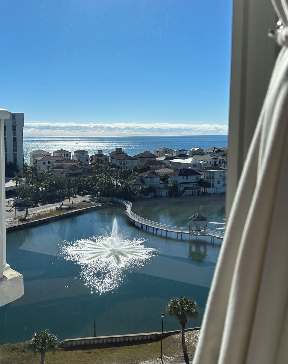 The private lake water fountains makes it even more blissful. View from master  