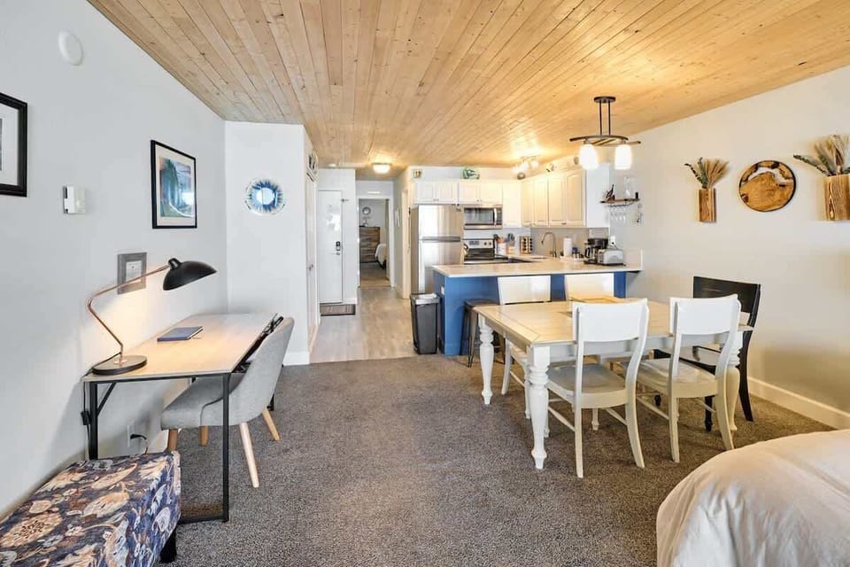 The spacious suite has a full kitchen too