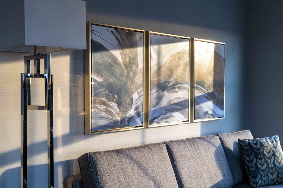 Desk, laptop workspace, blackout drapes, iron/ironing board