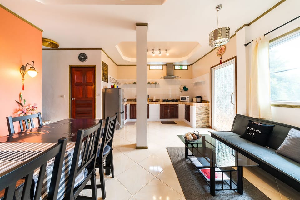 The firs floor's main dining room, living room and kitchen.