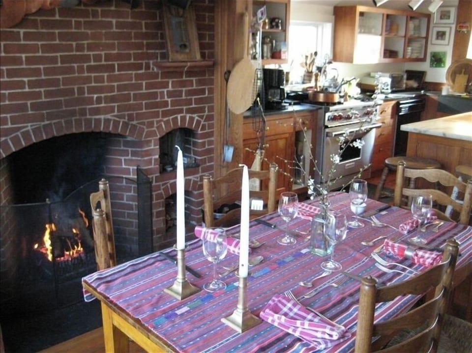 kitchen fireplace and breakfast nook (faces garden and back yard)