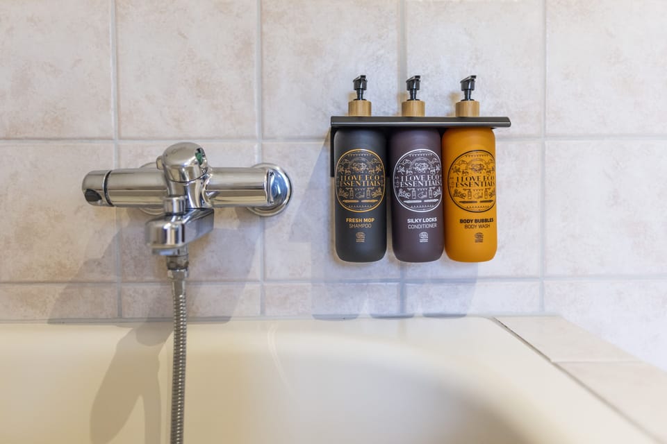 Shower, free toiletries, hair dryer, towels