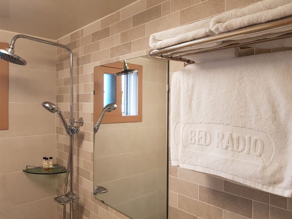 Shower, hair dryer, slippers, towels