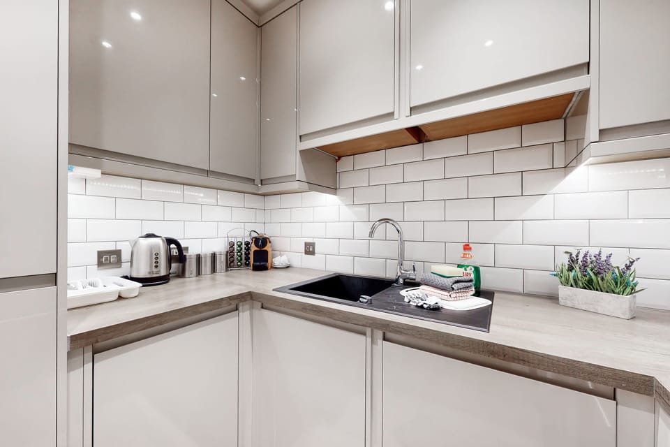 Business Apartment, Accessible, Private Bathroom (1 Bedroom) | Private kitchen | Fridge, microwave, oven, stovetop