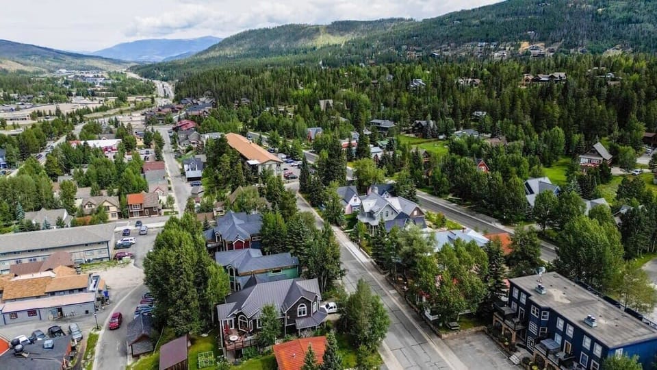 An aerial view of this fabulous home highlights its incredible location in Breckenridge, just off of Main Street and with views of the ski slopes at Breckenridge Ski Resort.