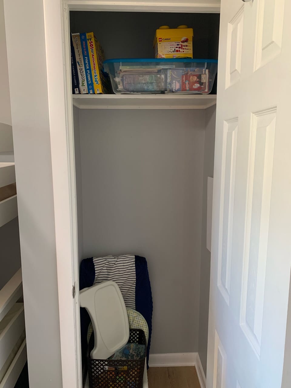 Bunk room closet, baby things and rainy day box, pac-n-play not shown 