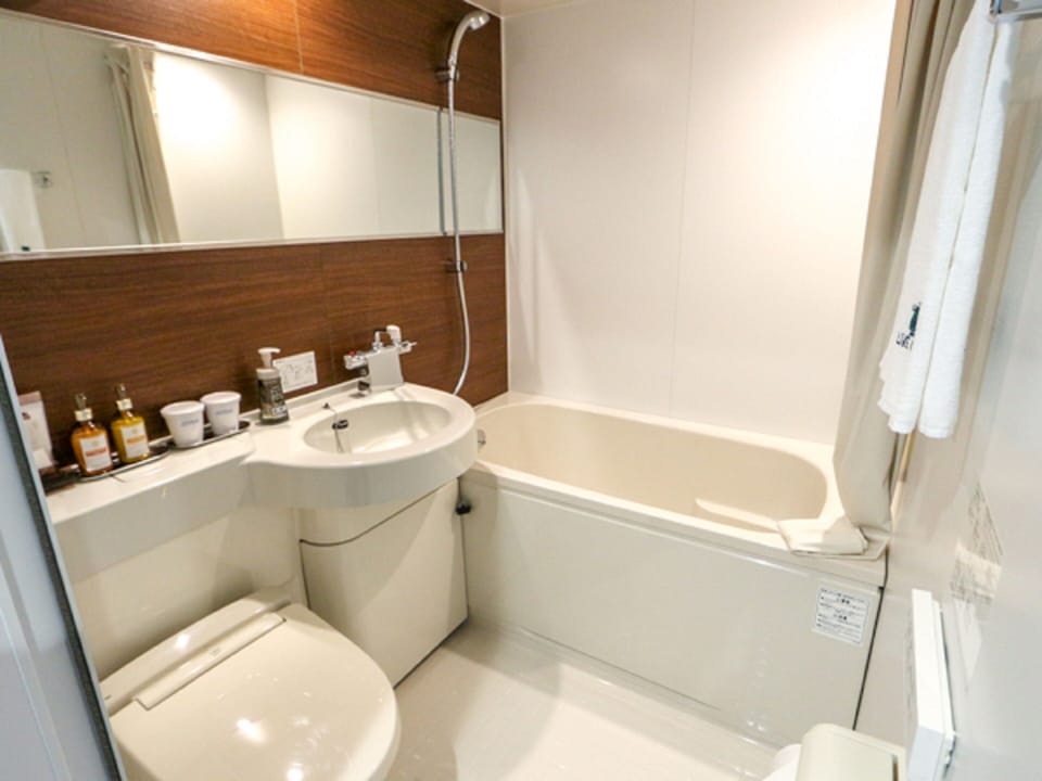 Combined shower/tub, deep soaking tub, free toiletries, hair dryer