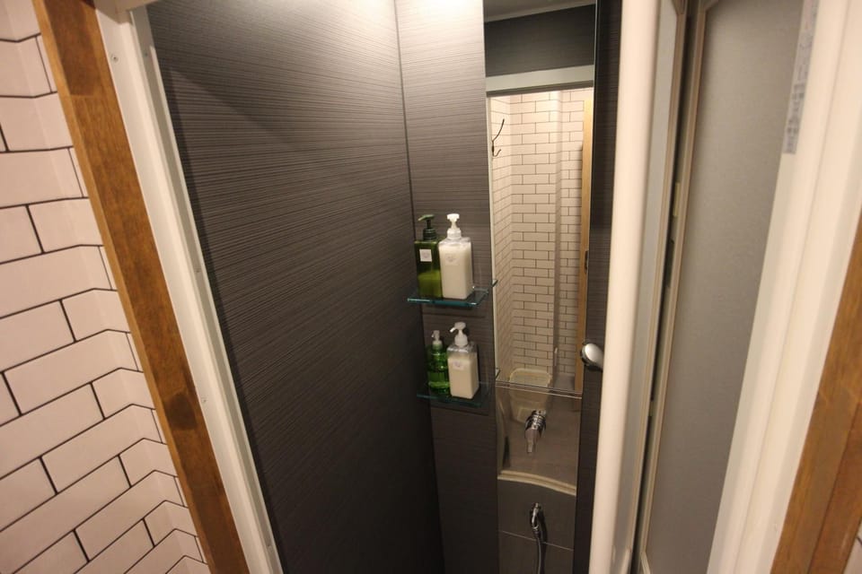 Shower, hair dryer, slippers, towels