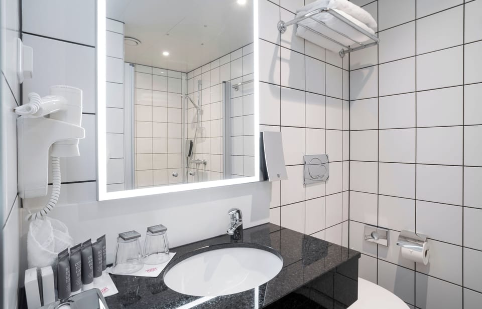 Shower, hair dryer, towels