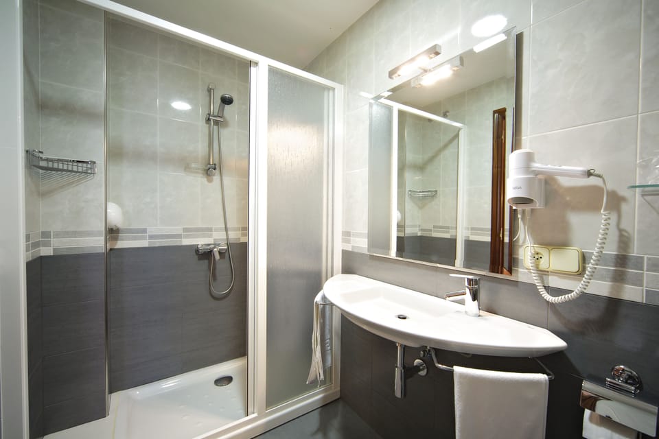Shower, free toiletries, hair dryer, towels