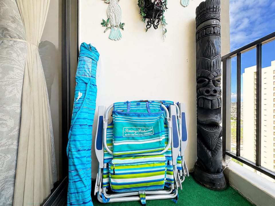 We provide 2 beach chairs, a beach umbrella, and a beach mat ready for use!