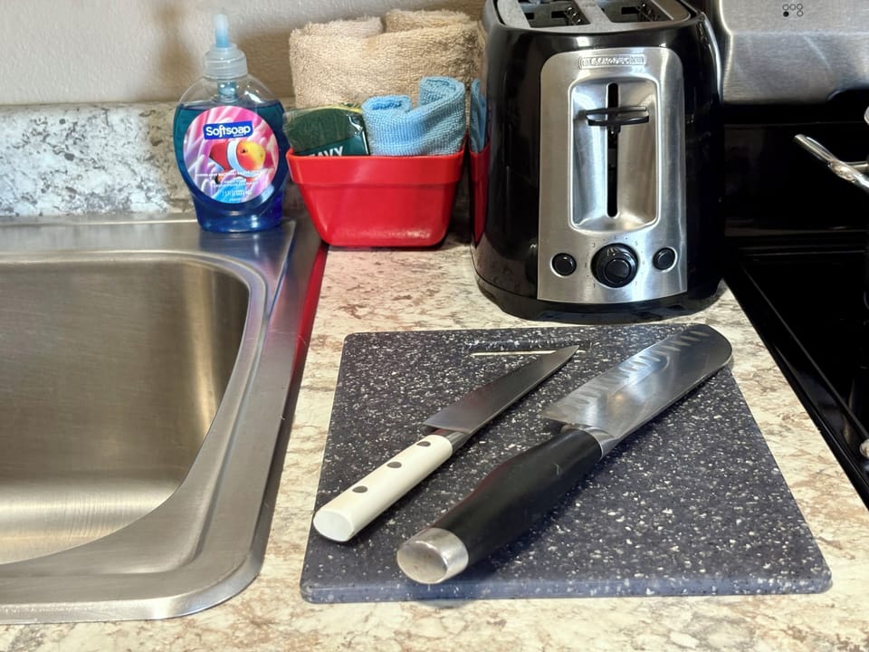 Toaster, cutting board with knives and dishwashing supplies.