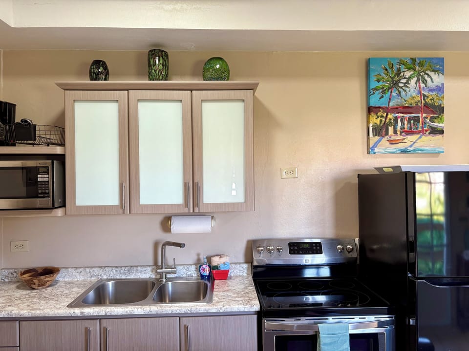 Full kitchen with pots pans and dishes to prepare meals in your suite