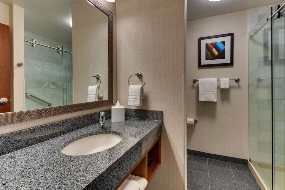 Shower, free toiletries, hair dryer, towels