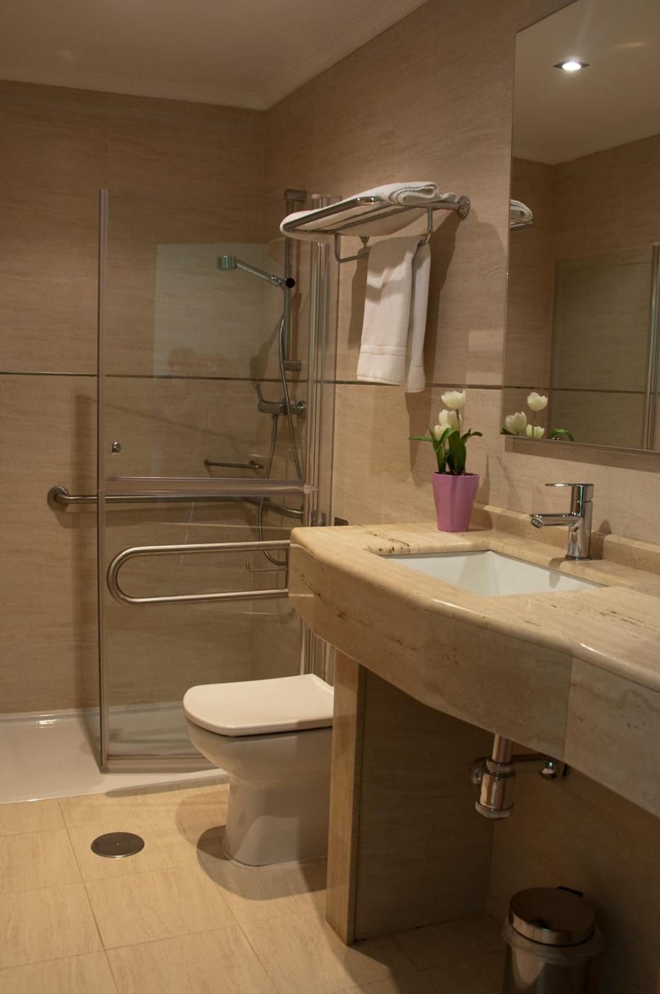 Combined shower/tub, hair dryer, bidet, towels