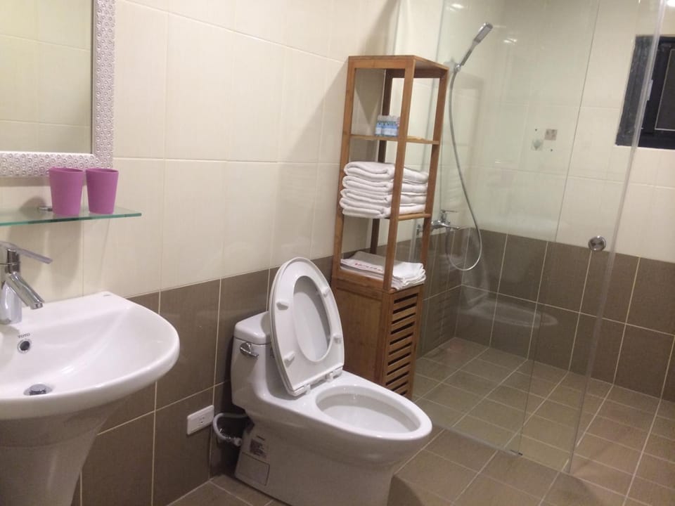 Shower, free toiletries, hair dryer, slippers
