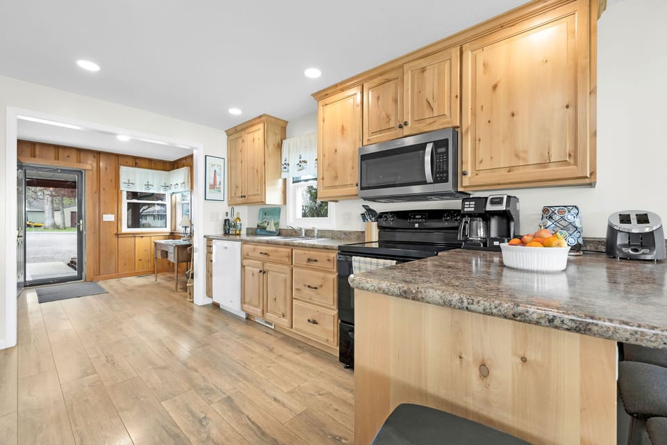 Kitchen close up view, looking toward the entrance.  Note: K cups coffee maker.