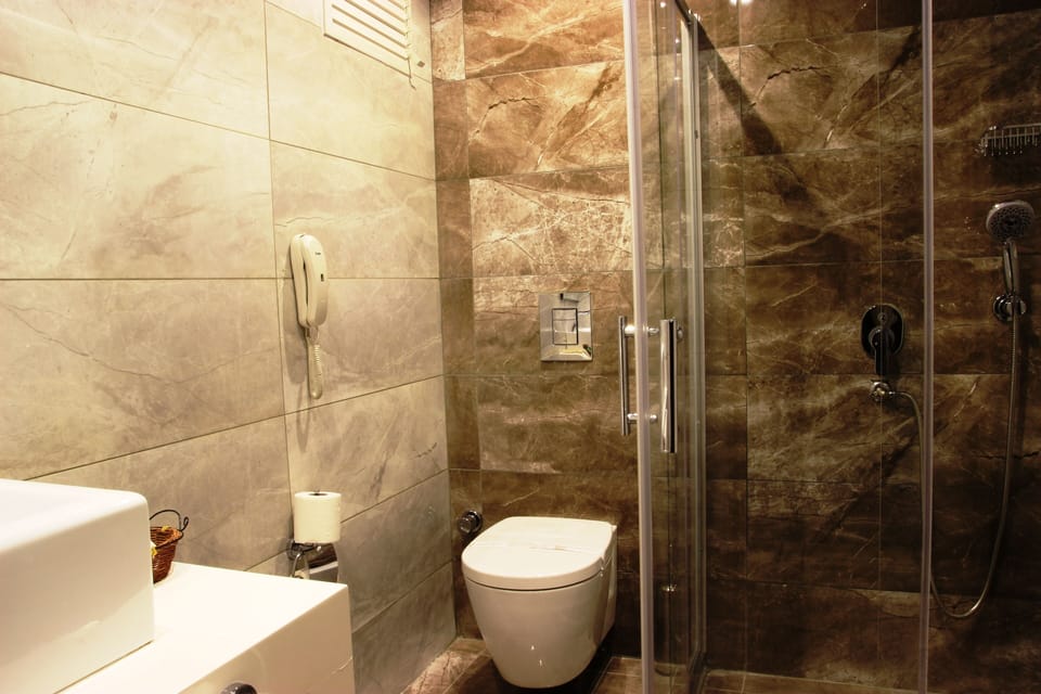 Shower, free toiletries, hair dryer, slippers