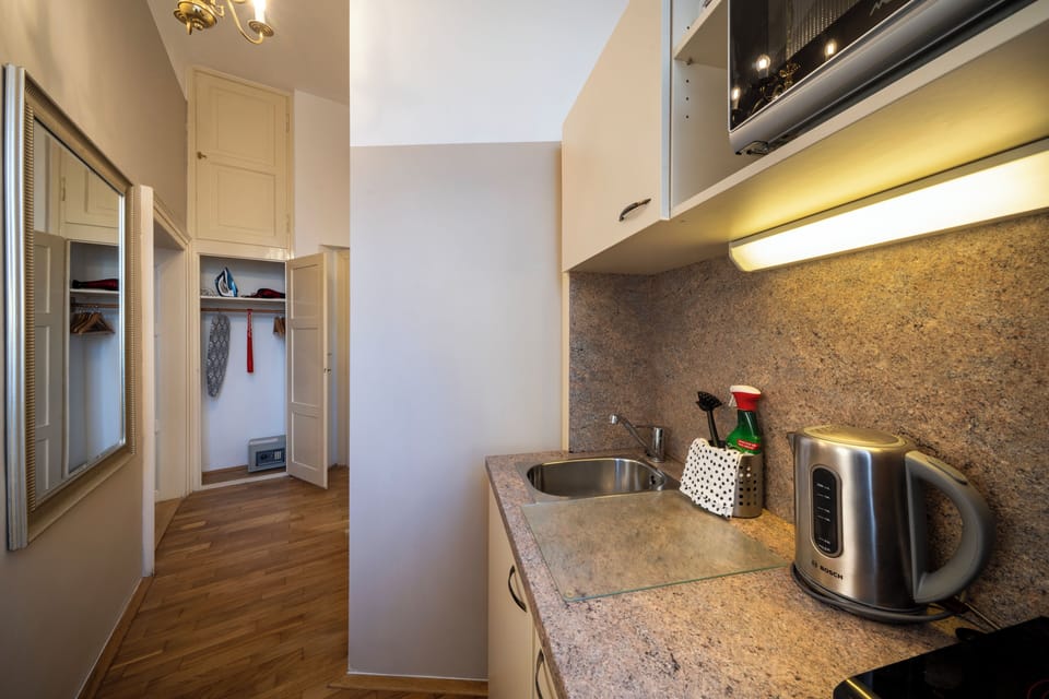 Kitchenette with fridge, cooker and kettle