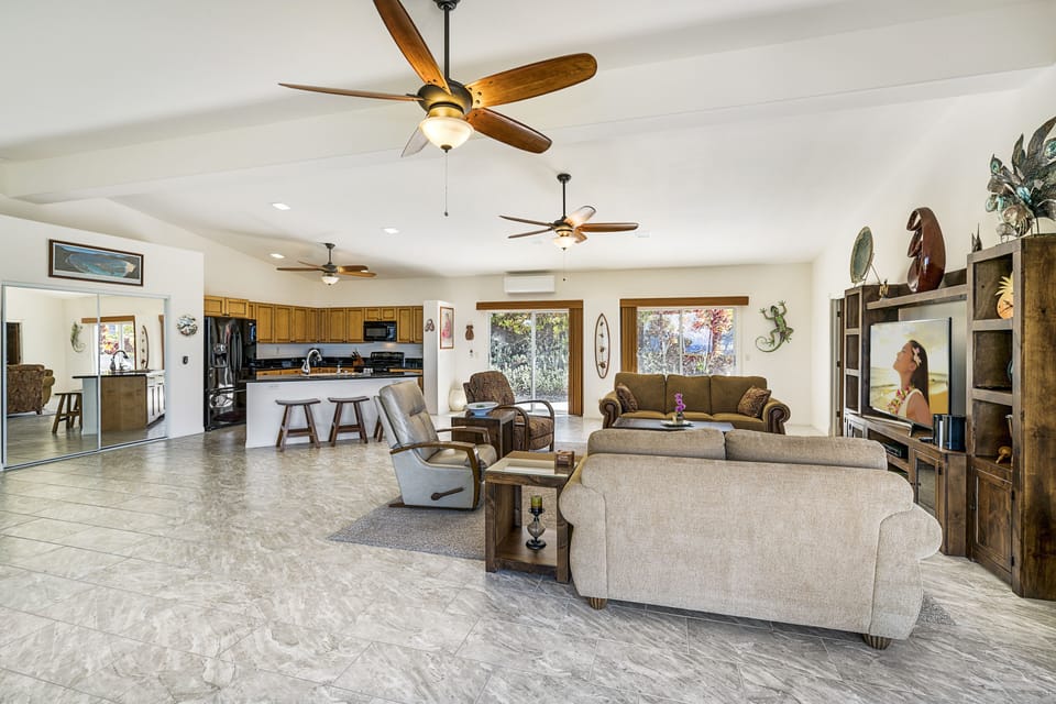 Spacious living, dining, and kitchen areas