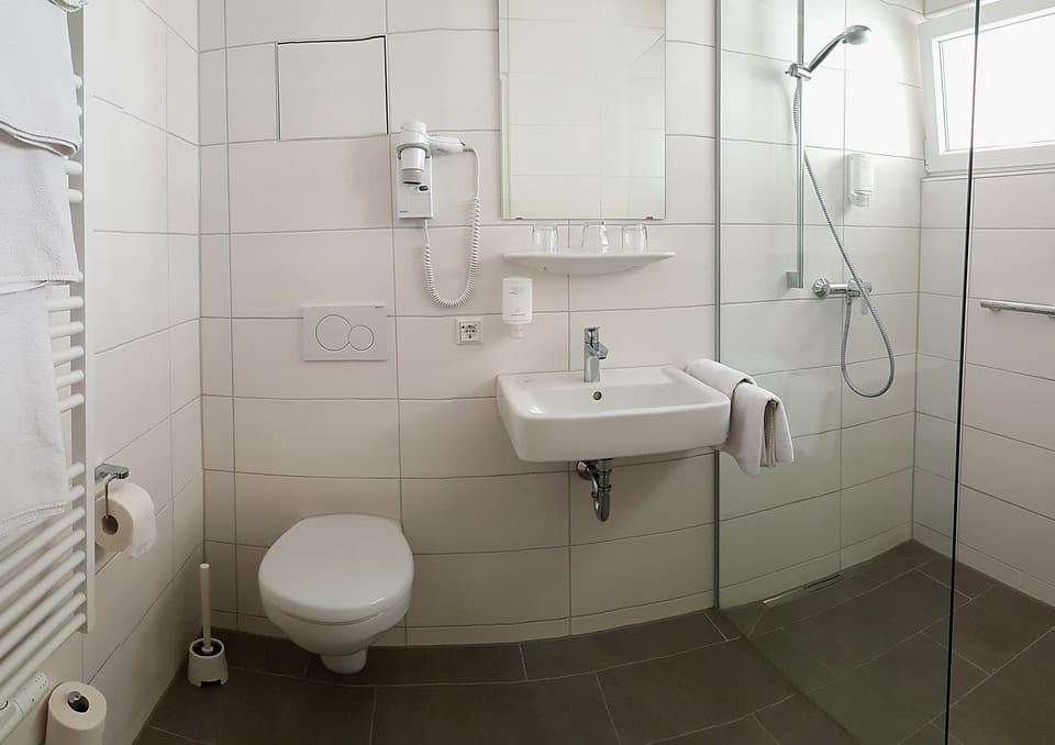 Shower, free toiletries, hair dryer, towels