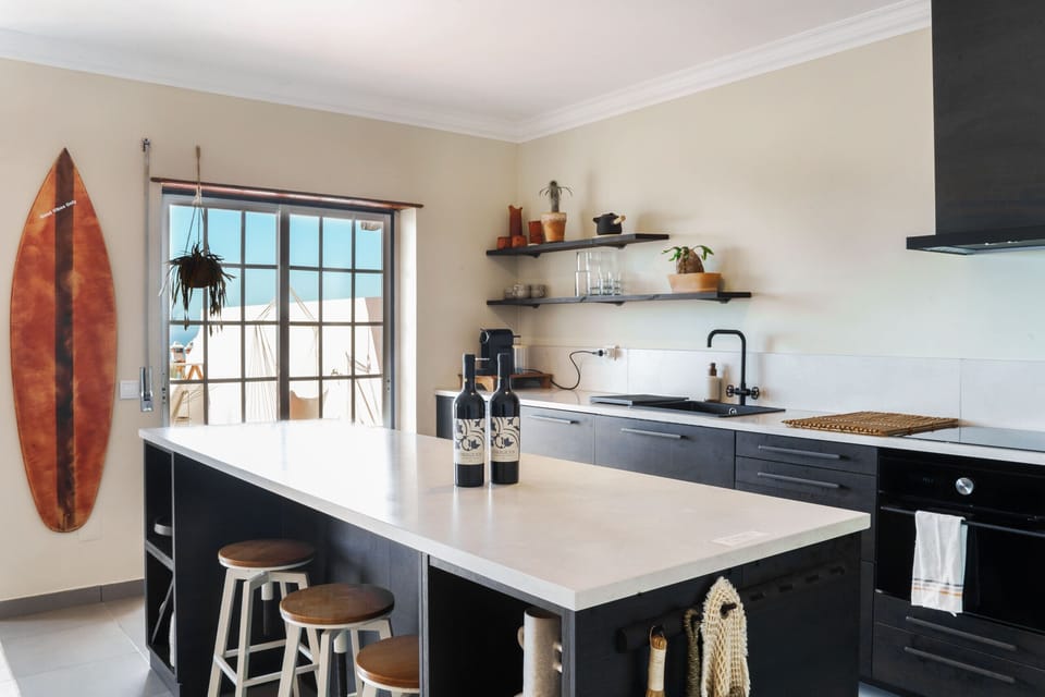 Modern kitchen with island and outdoor view