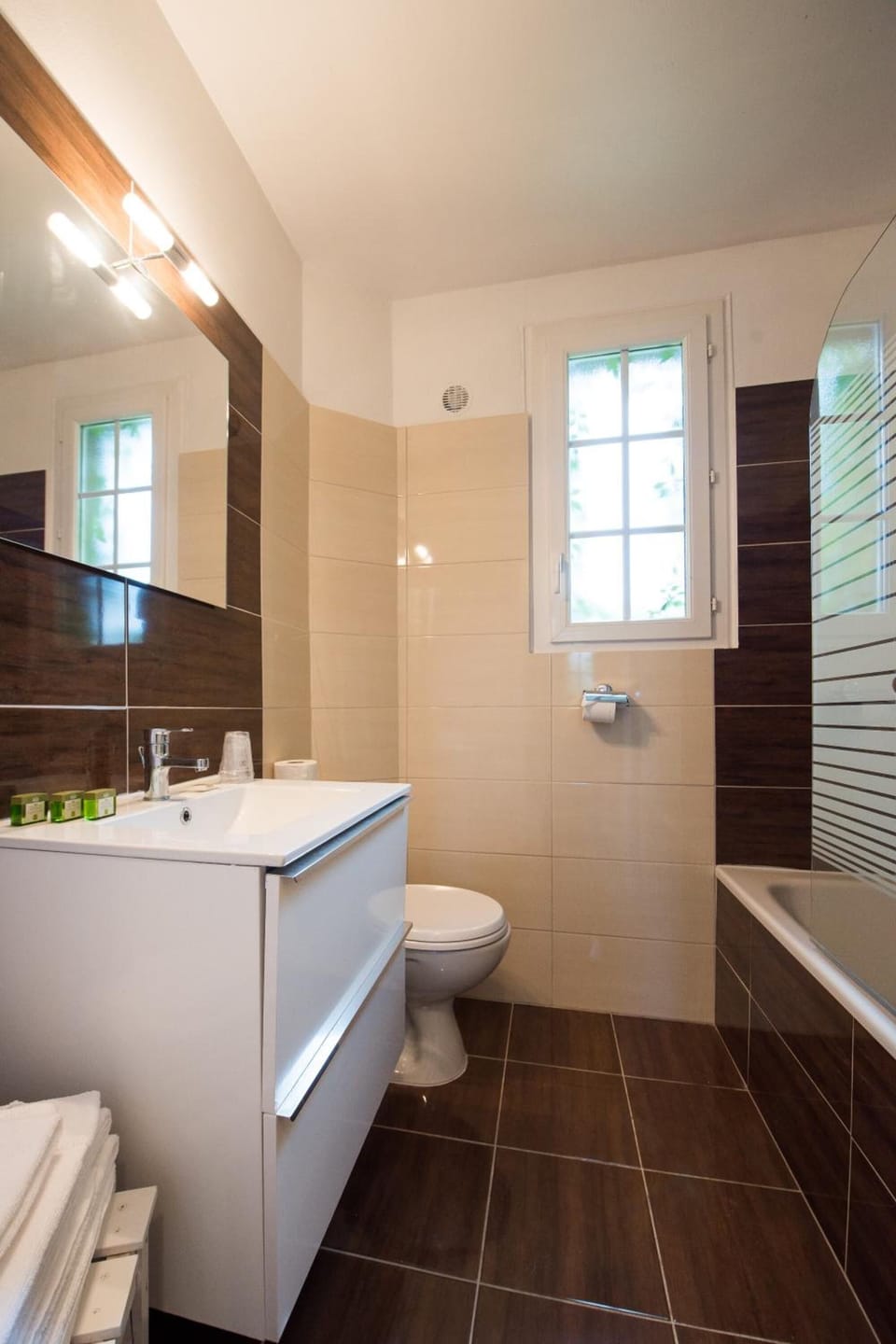 Rainfall showerhead, hair dryer, towels