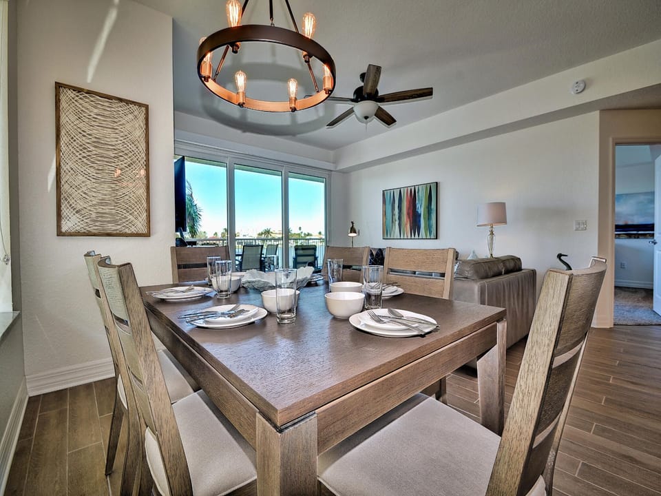 Dining table has seating for 6 guests.