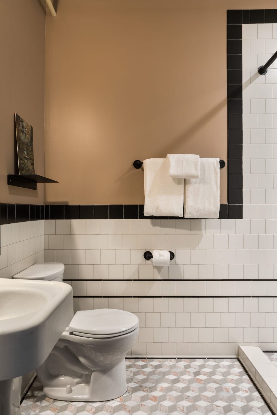 Shower, designer toiletries, hair dryer, towels