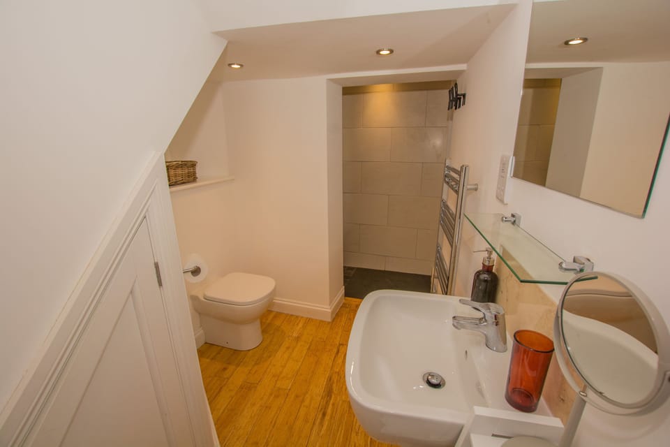 bathroom with walk-in wet-room style shower