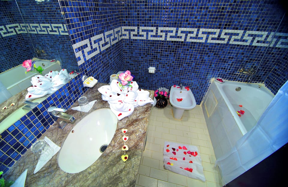 Combined shower/tub, deep soaking tub, hydromassage showerhead