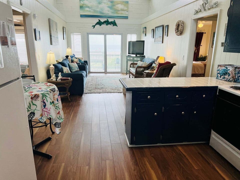 Kitchen to Living Area View with Oceanside Deck Door