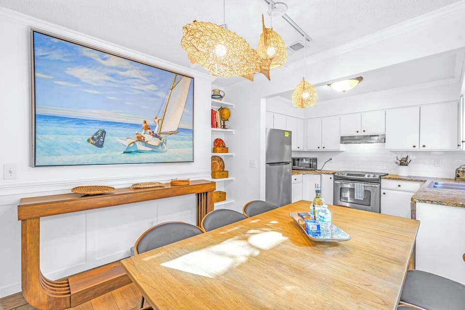 In kitchen dining table for eight.
