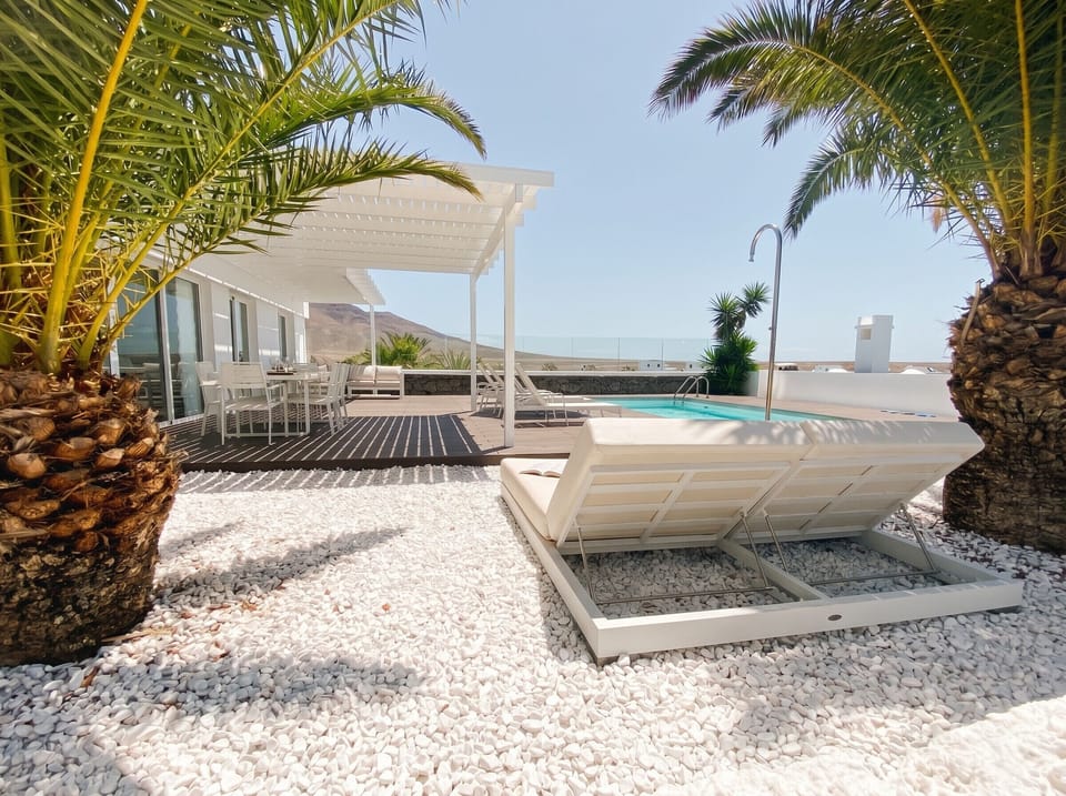 Tropical oasis: relax in the garden surrounded by palm trees and white stone ground.