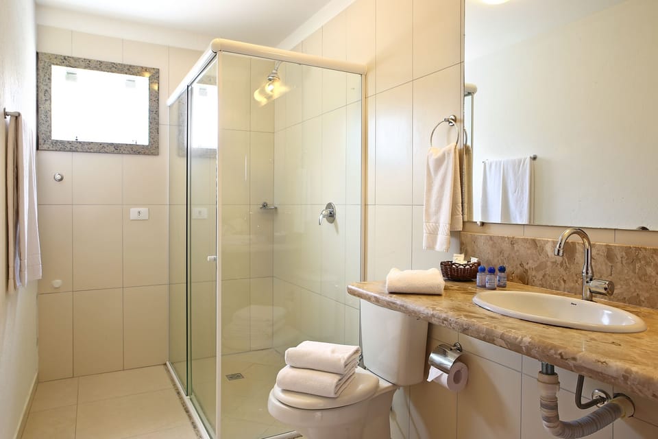 Shower, free toiletries, hair dryer, towels