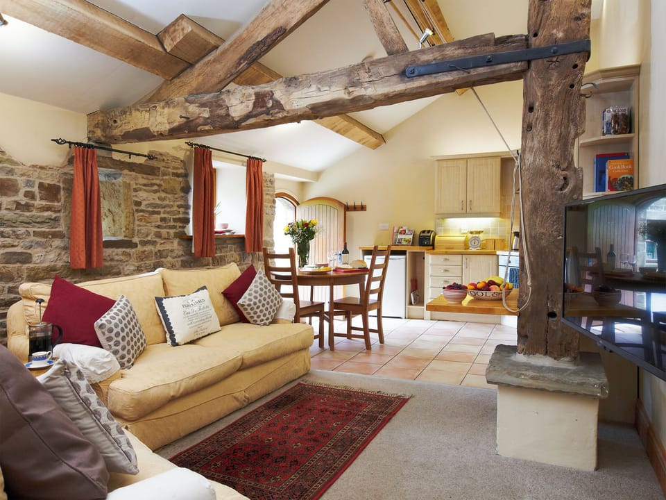Open plan living space with beams | Bramble Cottage - Smallshaw Cottages, Millhouse Green, near Penistone
