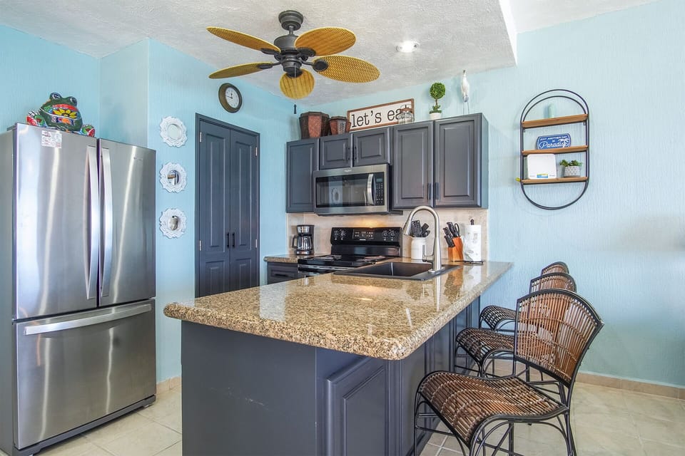 The kitchen is smart and complete