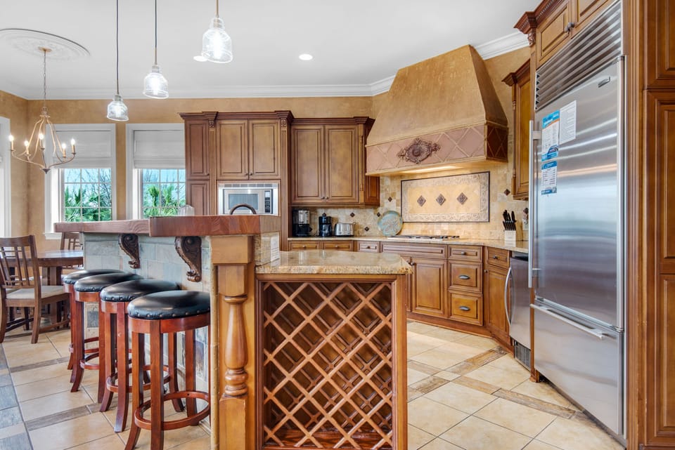 Eat-in bar seating and wine rack