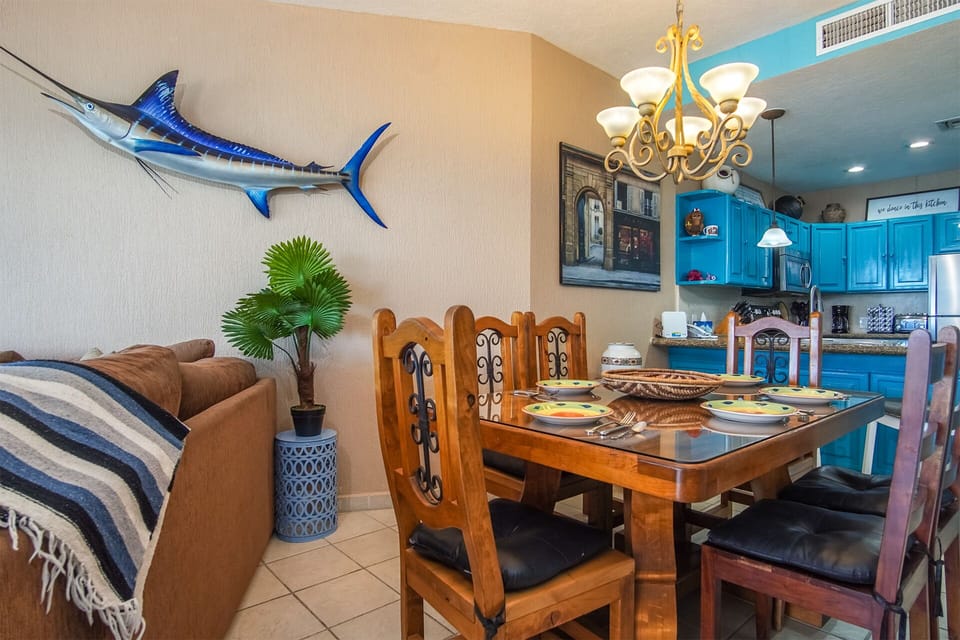 The dining area right by the kitchen counter.
