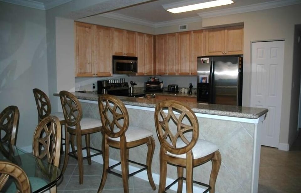 The extra wide counter top is one of a kind.This is a great place for breakfast.