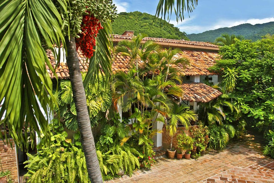 Spacious courtyard surrounded by lush tropical in Villa Leonarda