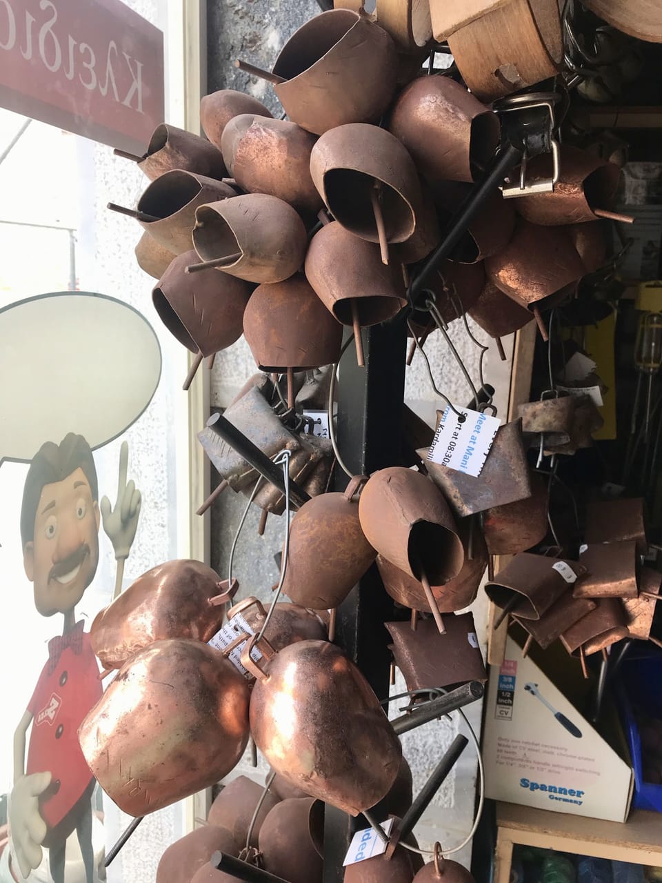choice of goat, sheep and cow bells at the hardware store, Kardamyli
