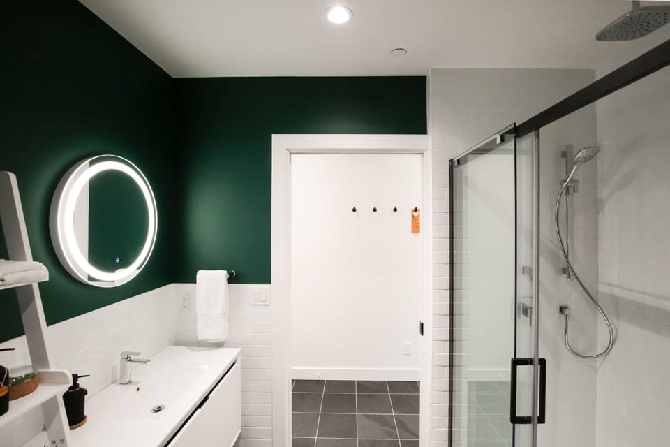 Shower, rainfall showerhead, hair dryer, bathrobes