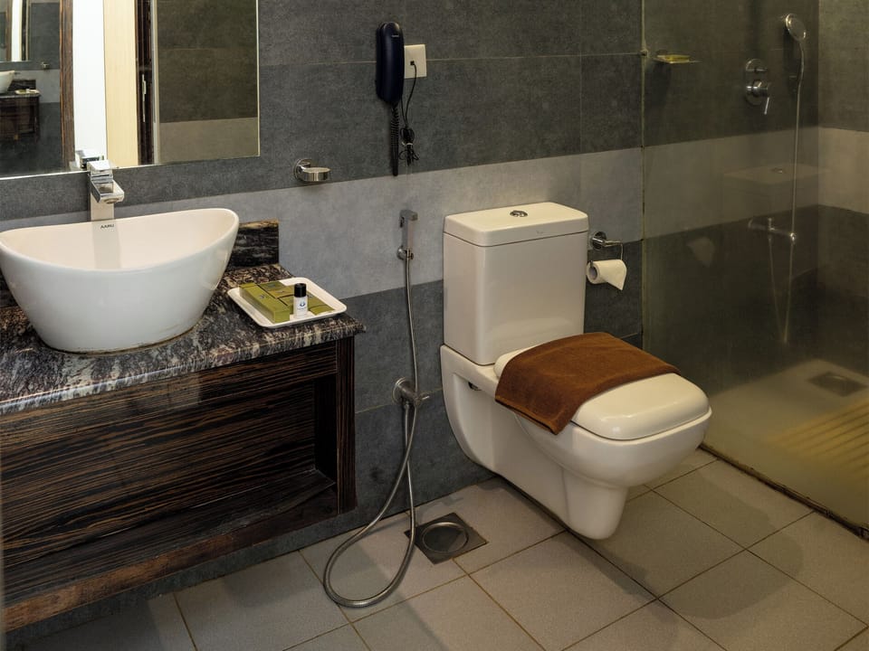 Shower, rainfall showerhead, bathrobes, slippers