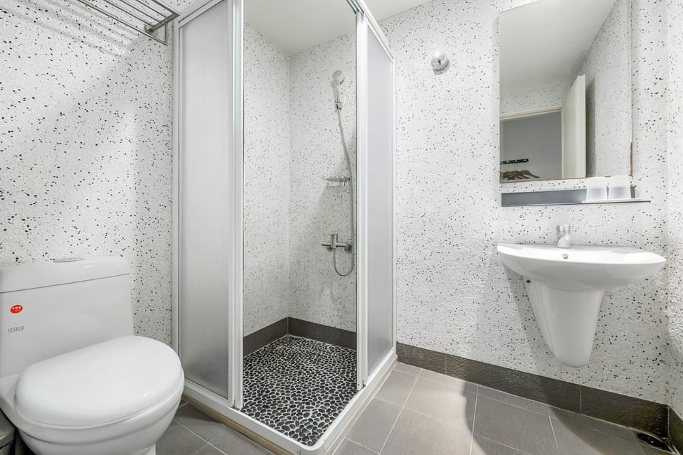 Small Double Room | Bathroom | Shower, hair dryer, slippers, towels