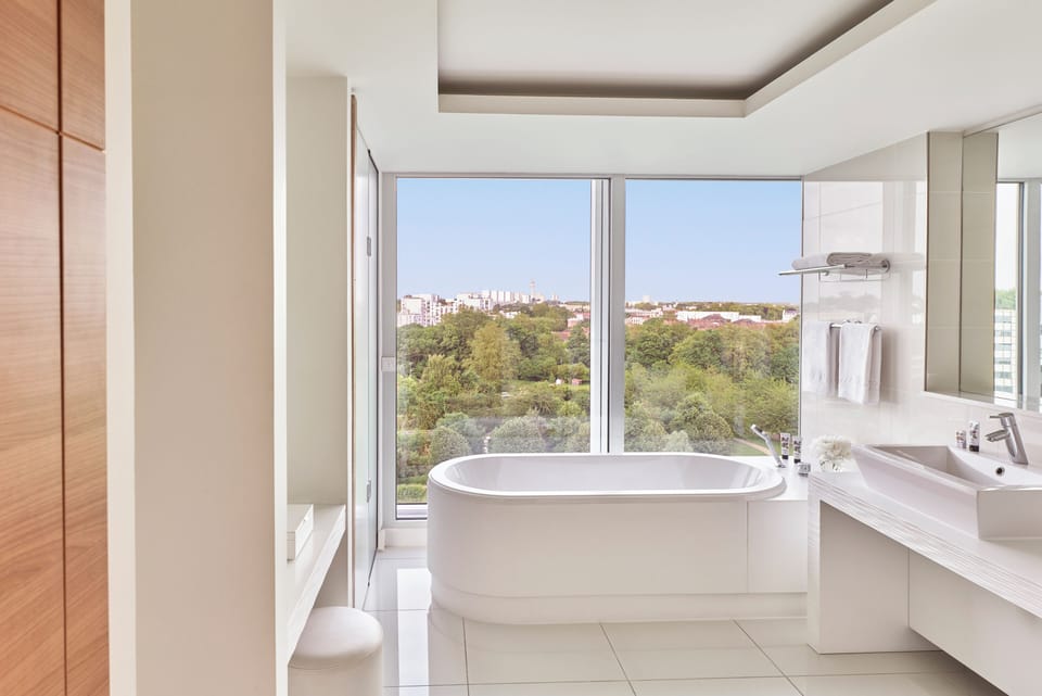 Combined shower/tub, eco-friendly toiletries, hair dryer, bathrobes