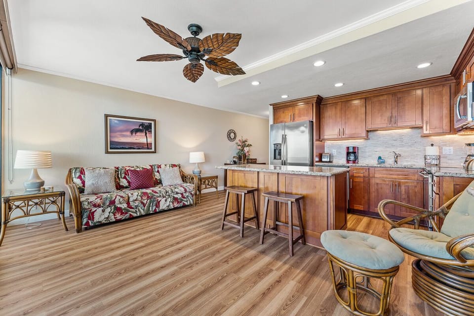 Breakfast eating bar with 2 stools.