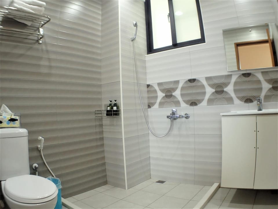 Shower, hair dryer, slippers, towels
