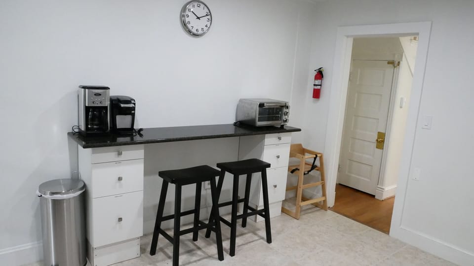 There is bar seating and a high chair available for small children.